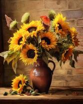 Букет в кувшине с большими подсолнухами