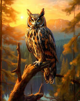 Сова на ветви в хвойном лесу