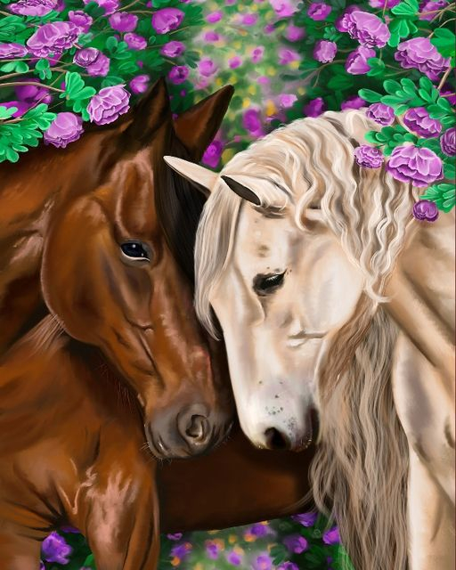 Алмазная мозаика 40x50 Милые лошади под фиолетовыми цветами