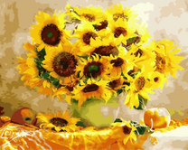 Большой букет подсолнухов и яблоки