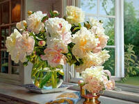 Без бренда «Ваза с букетом белых пионов у окна» в Кирове