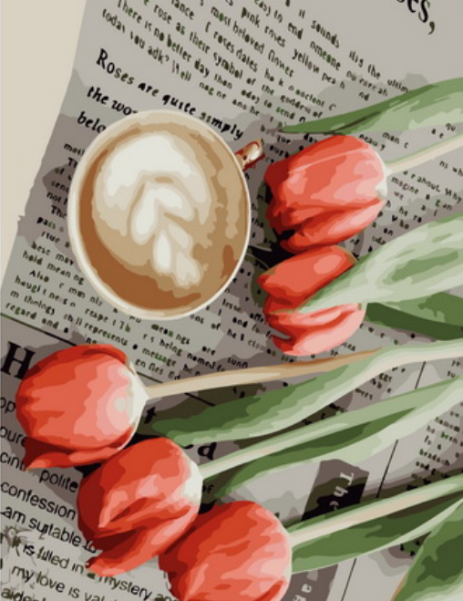 Картина по номерам 40x50 Ранние тюльпаны и кофе с молоком