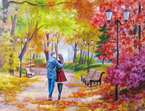 Милая прогулка влюбленных по осеннему парку