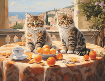 Шкодные котята на столе с апельсинами