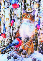 Котик на снегу в окружении снегирей