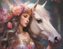 Девушка с цветами в волосах и белая лошадь