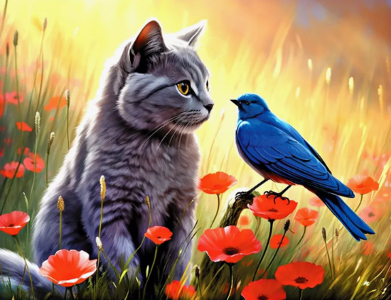 Алмазная мозаика 40x50 Серенький котик, птичка и маки