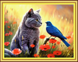 Алмазная мозаика 40x50 Серенький котик, птичка и маки