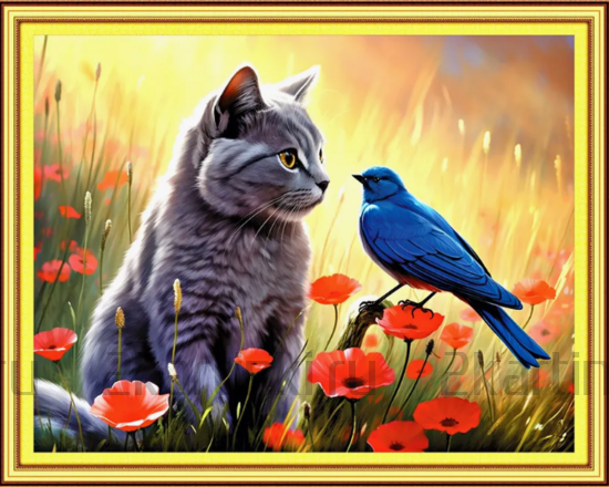 Алмазная мозаика 40x50 Серенький котик, птичка и маки